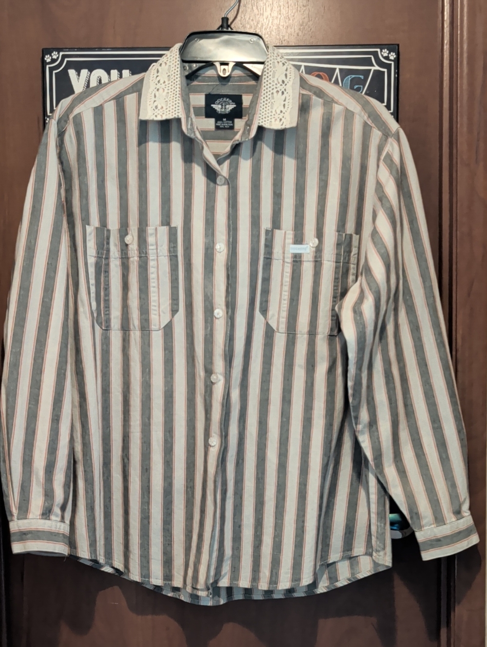 Dockers Striped Button-Down Shirt in Black, Gray, and Red Cotton